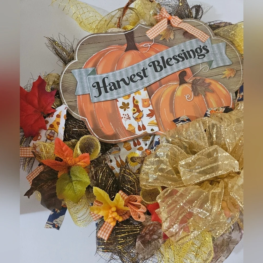 Hand Crafted handmade holiday wreath Harvest Blessings Gnome fabric plaid ribbon